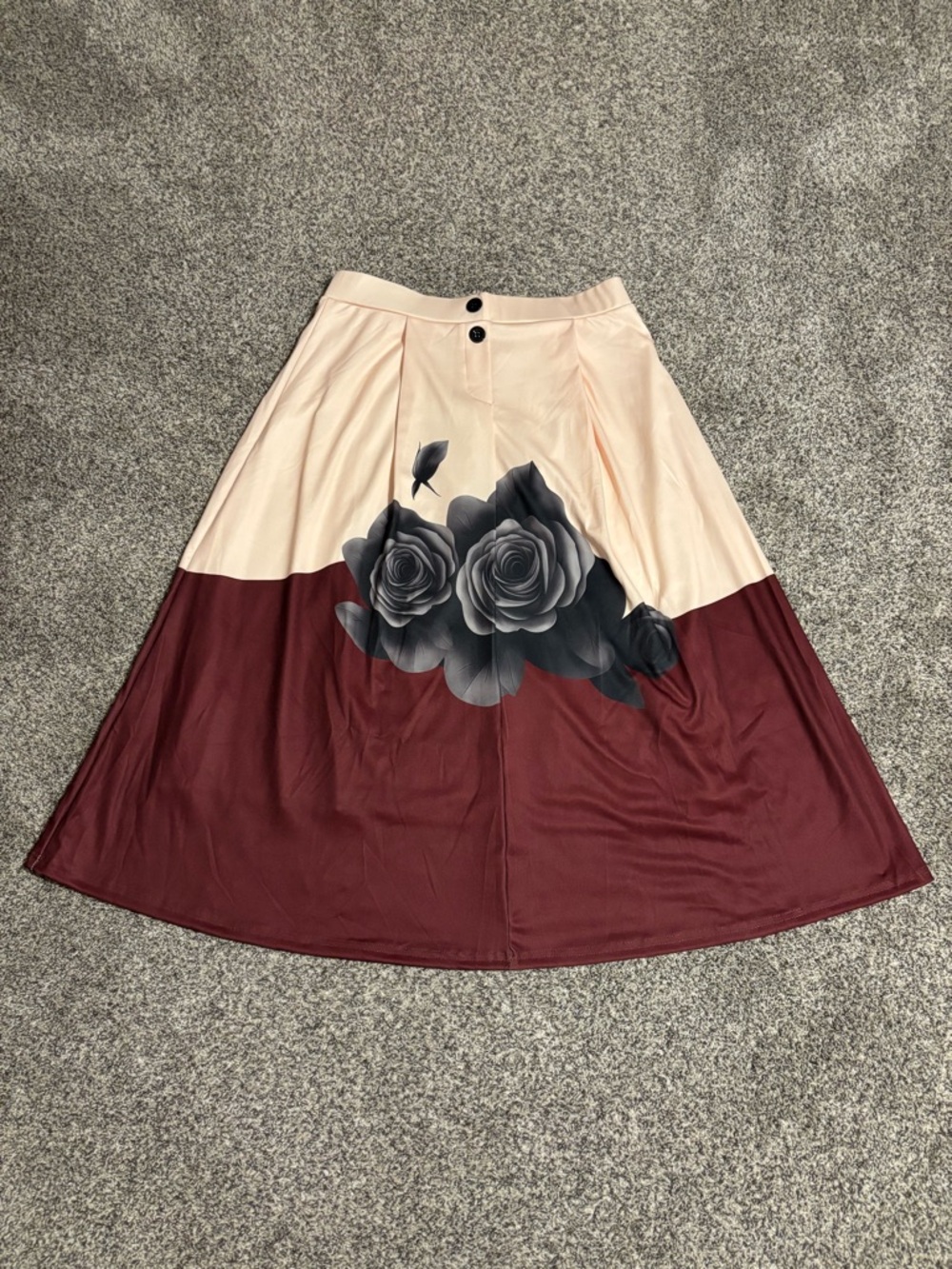 Women's Two-Tone A-Line Skirt with Floral Print - Cream & Burgundy